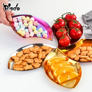 

Irregular Plate Dish Stainless Steel Dessert Fruit Plates Storage Candy Cookies Leaf Shape Jewery Trays Party Table Utensil