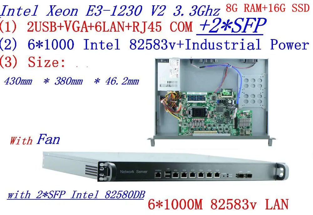 Промышленные 1U межсетевого экрана 4 ядра Xeon E3-1230 3,3 ГГц 8 г Оперативная память 16 г SSD 6*1000 м 82583 В Gigabit NIC с 2 * intel SFP