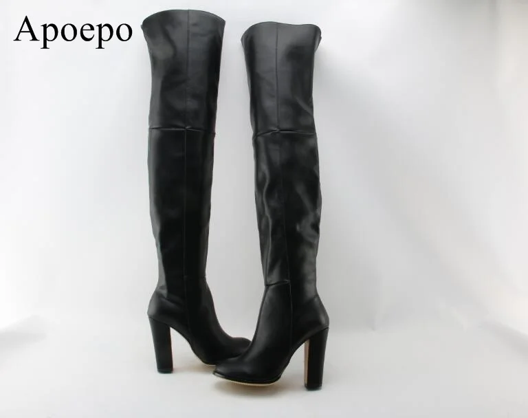Fashion Women Square heel Boots Stretch Leather Over The Knee High Sexy Ladies Party Black High Heels Shoes Woman Women's Shoes