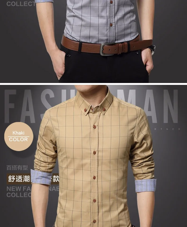 nova marca de moda dos homens camisa de algodão xadrez camisa masculina ajuste fino camisa social homens de manga comprida negócios hombre