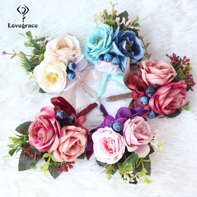 

Lovegrace Artificial Silk Flowers Bride Groom Wedding Corsages and Boutonnieres Rose Berry Flower Brooches Jewelry Bouquet Prom