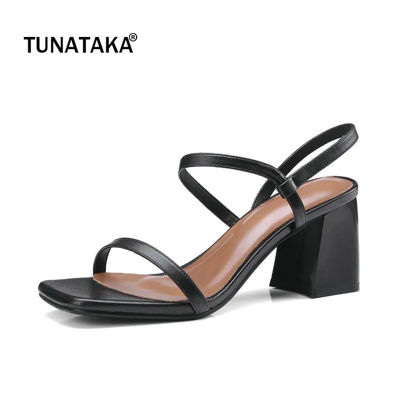 Genuine Leather Comfort Square Heel Open Toe Woman Sandals Fashion Slip On Dress Shoes Woman Black Beige