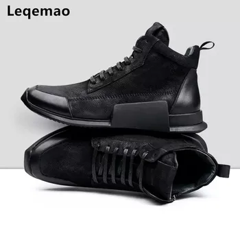 

New Fashion Office Man Flats High-top Comfortable Sneakers Real Cow Genuine Leather Lace Up Men Casual Shoes Brand Ankle Boots
