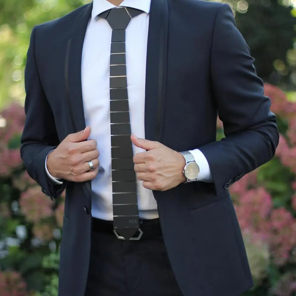 

GEOMETIE Handmade Geometric Shape Wide Space Stripe Neck Ties Black Matt