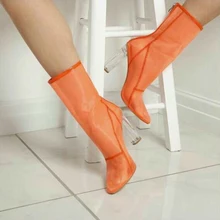 Модные Подиумные ботинки; Прозрачный каблук из плексигласа; сетчатые ботильоны; прозрачная обувь; летние женские ботинки с острым носком на высоком каблуке