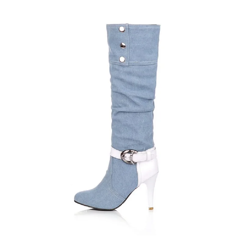 Женские джинсовые сапоги до колена с острым носком на высоком каблуке|boots ladies|knee
