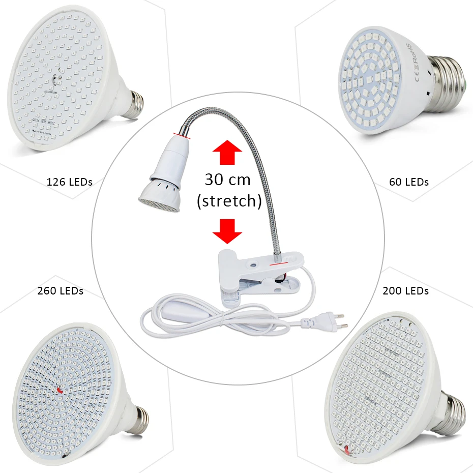 Светодиодный Grow светильник 60 126 200 260 светодиодный Фито лампа Гибкая лампа держатель зажим Светодиодная лампа для выращивания растений для внутреннего Desktop растения растут