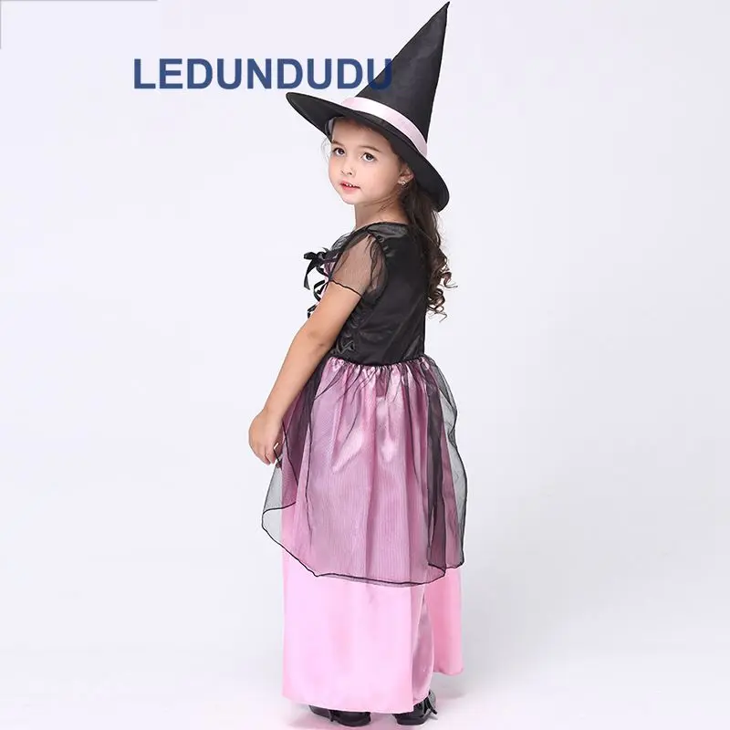 Children Halloween Fancy Party Suit Girls Magic Witch Dress Kids Rose Witch Cosplay Costume with Hat  (4)