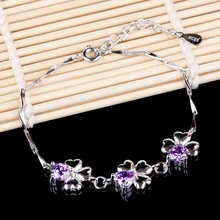 Стерлингового серебра 925 пробы Модный Фиолетовый Кристалл Любовь цветок женские браслеты ювелирные изделия не выцветает Подарочный браслет с брелоками женские