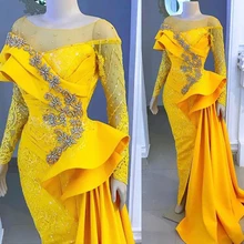 yellow prom dresses crew neckline lace beading pearls crystal mermaid detachable train evening dresses gowns women dress