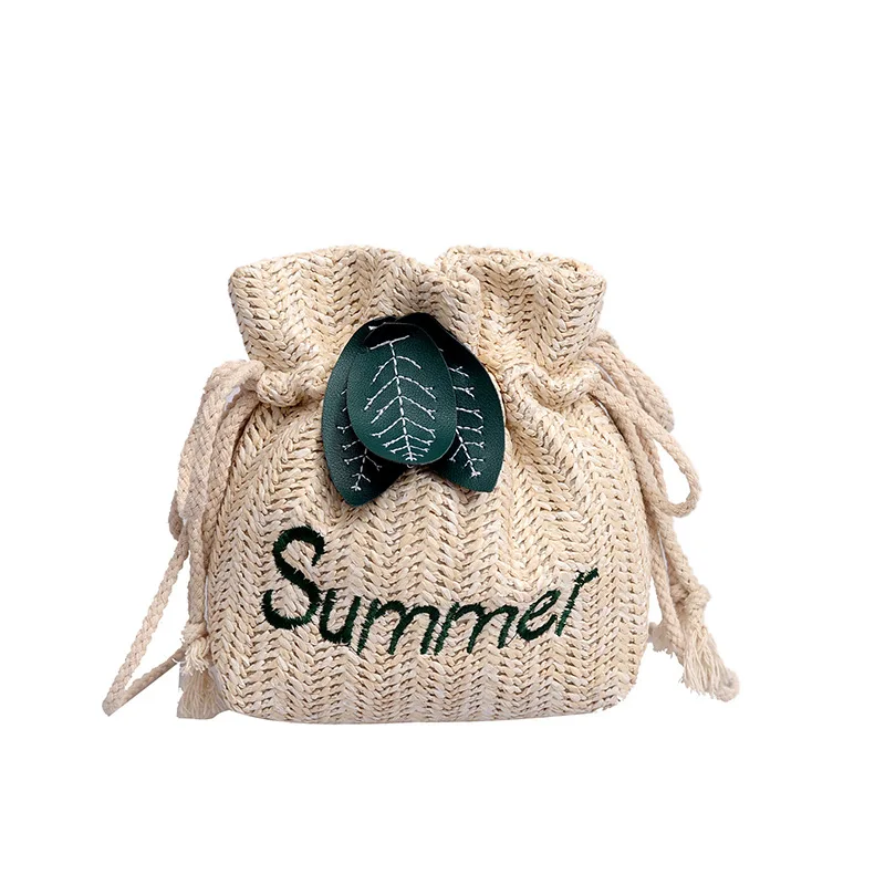 

KM new Fashion shoulder bag Drawstring straw woven leaf bucket bag summer westernized oblique crossbody bag travel bag