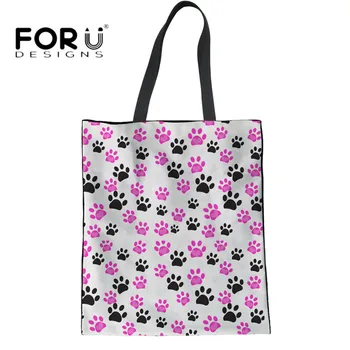 

FORUDESIGNS Women Reusable Linen Bags Cute Pink Paws Female Eco-friendly Shopping Handbags Teen Girls Multi-function Cloth Bags