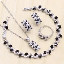 925 пробы серебряные женские ювелирные наборы черный кубический цирконий браслет геометрической формы серьги/кулон/ожерелье/кольцо Бесплатный подарок