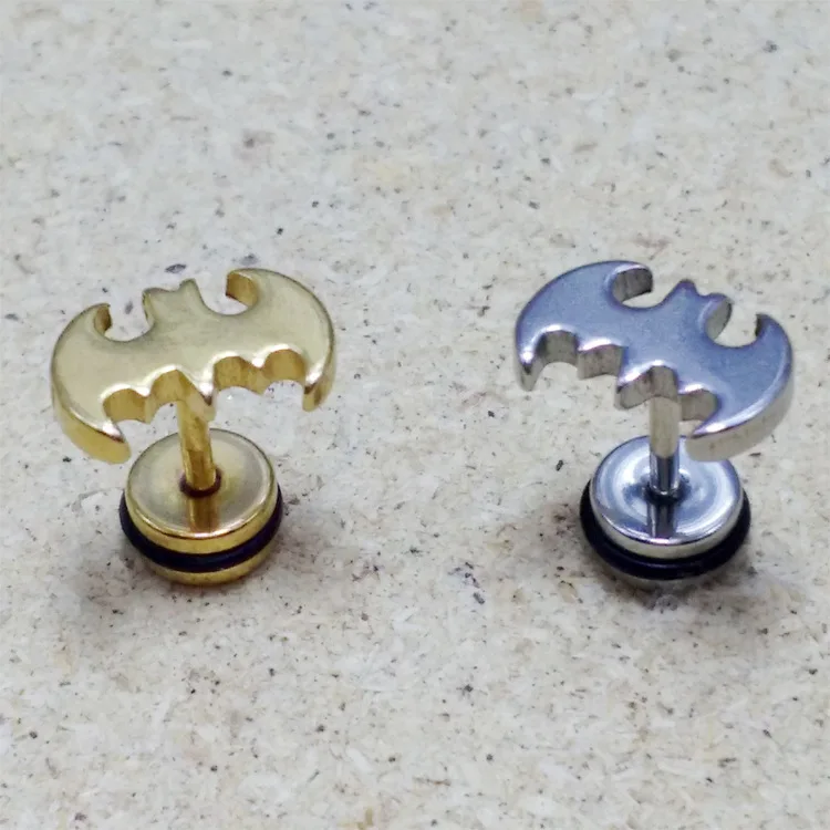 Fashion Batman Earrings Punk Silver Gold Black Stainless Steel Fashion Batman Earrings Punk Silver Gold Black Stainless Steel Barbell Stud Brincos Jewelry For