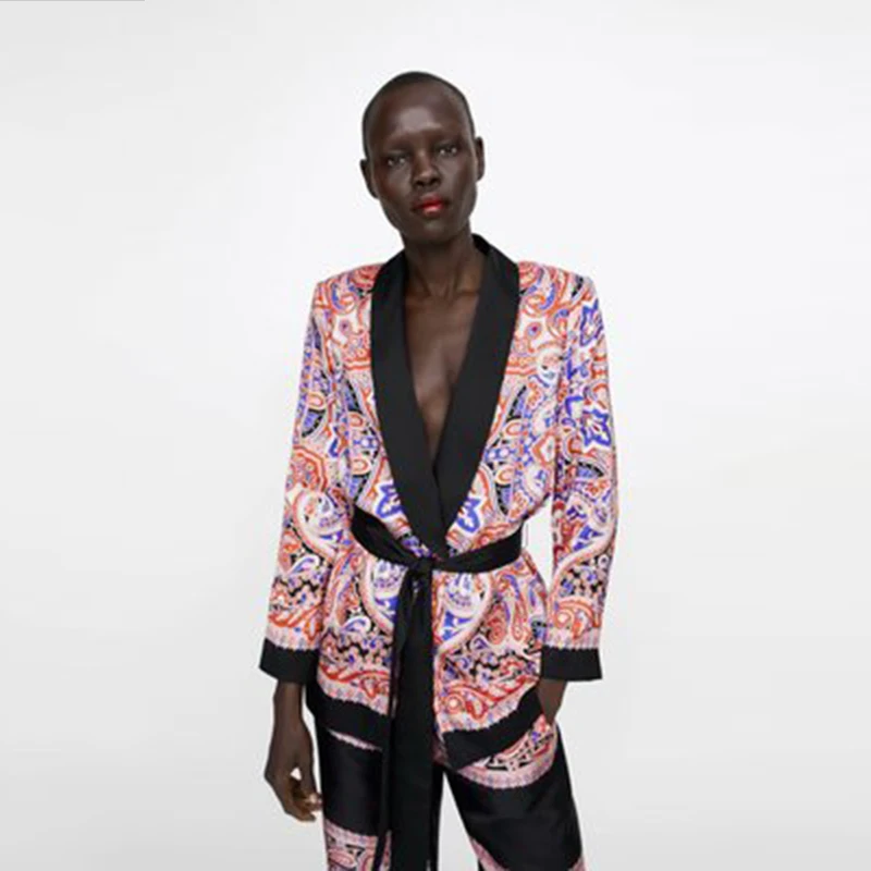 

2019 new Fashion Patchwork Floral Suit Jacket With Sash Women Spring Slim Long Blouse Coat Elegant V neck Office Coat Suit women