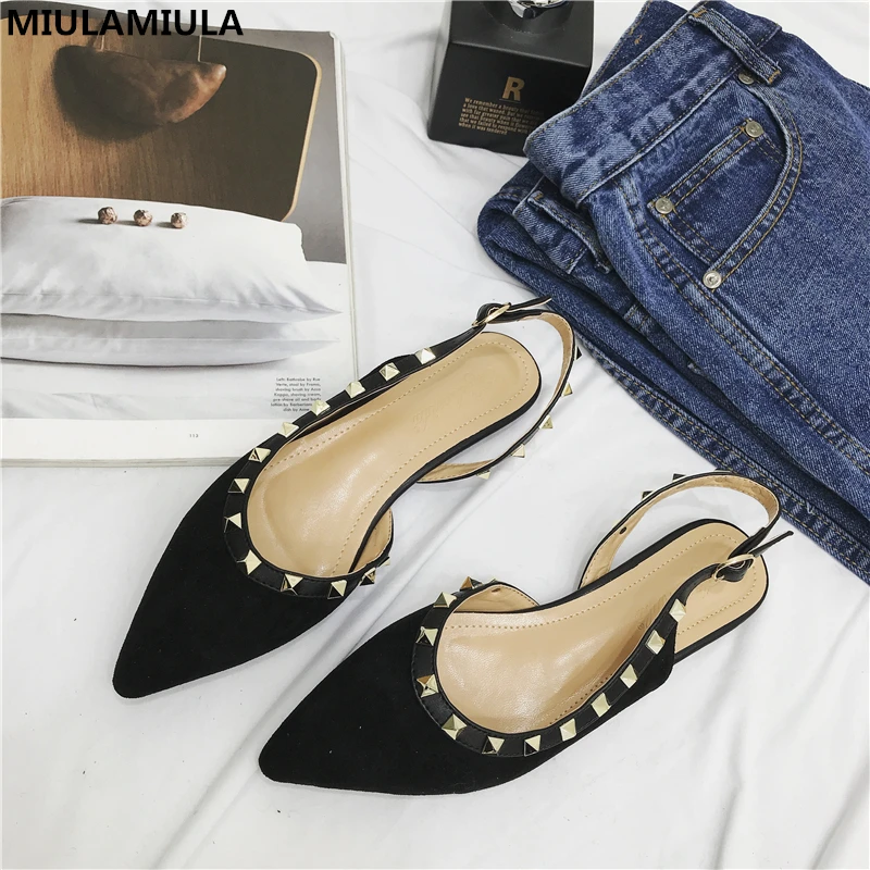 

MIULAM IULA Brand Designers 2019 Spring Black Pink Luxury Rivet Woman Pointed Flat Shoes Back Strap Lady Sandals Buckle 35-40