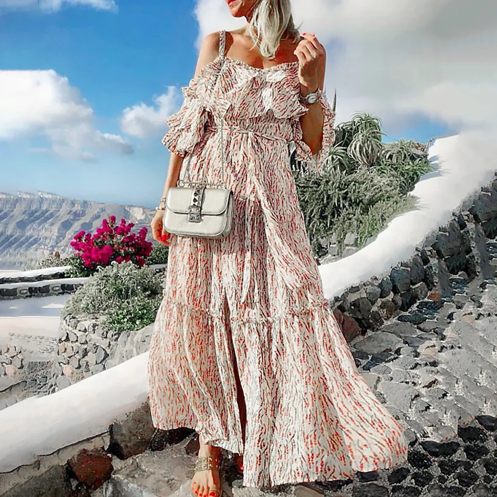 

Summer Backless Off Shoulder Floral Print Boho Chic Women Maxi Dress Hippie Ruffles Pocket Party Bandage Long Dresses Z706