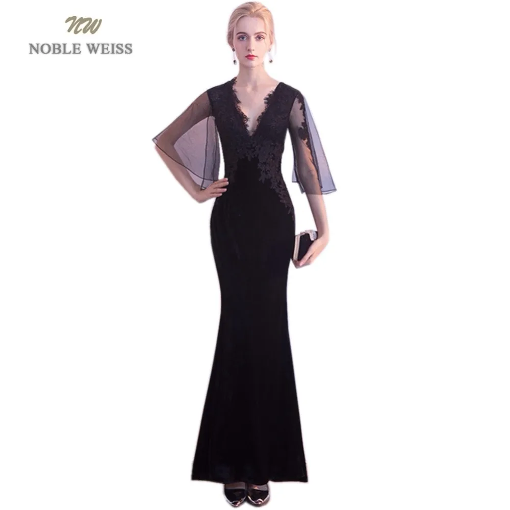 

NOBLE WEISS Black Evening Dresses Mermaid Robe De Soiree Ankle-Length Sexy V-Neck Appliques Beading Lace Party Prom Dress