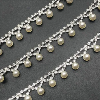 

5Yards/lot Pearls and Crystal Cup Rhinestone Beaded Chain Trim Pearls Tassel Belts for DIY Clothes Dress Jewelry Accessories