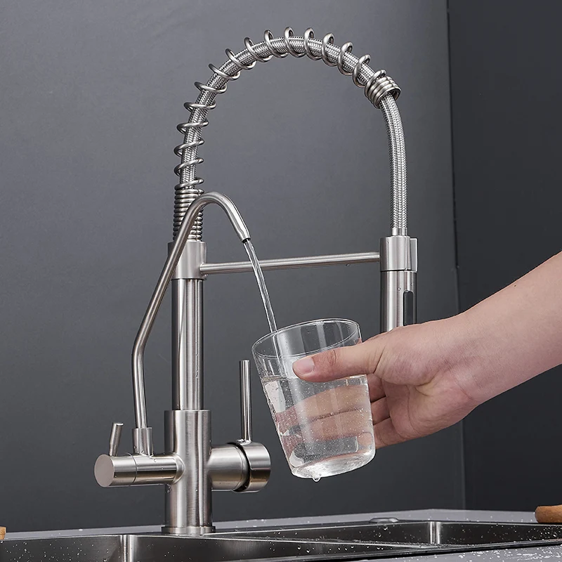  Nickel Spring Pull Down Kitchen Faucet Dual Spouts 360 Swivel Handheld Shower Kitchen Mixer Crane H - 33045520559