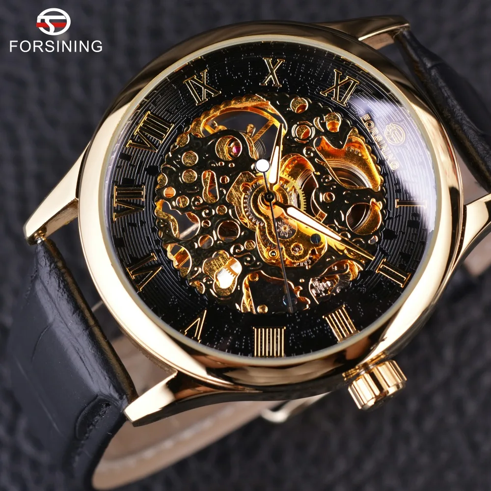 Forsining Retro Classic Design Roman Number Display Transparent Case Mechanical Skeleton Watch Men Watch Top Brand Luxury Clcok
