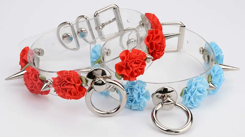 Handmade Kawaii Choker Punk Gothic Rose Collar Necklace Flowers Tranparent Faux Leather Spiked Collar Choker Buckle Necklace 13