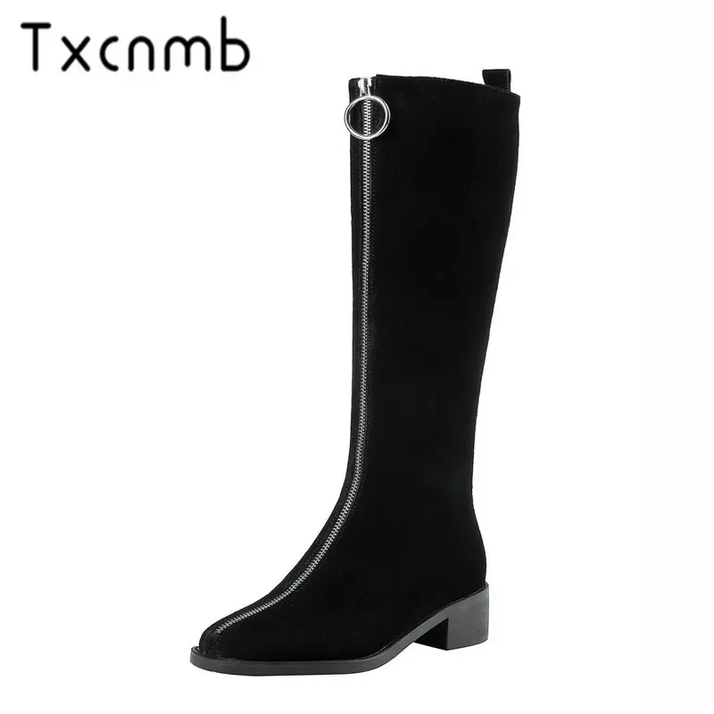 

TXCNMB 2019 New Arrival Women Knee High Boots Autumn Winter Warm Suede Leather Low Heels Shoes Woman Round Toe Punk Boots