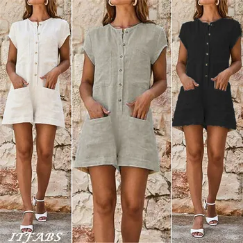 

Women's Ladies Solid Short Sleeve Button Loose Casual Clubwear Holiday Summer Mini Beach Jumpsuit Playsuit Romper