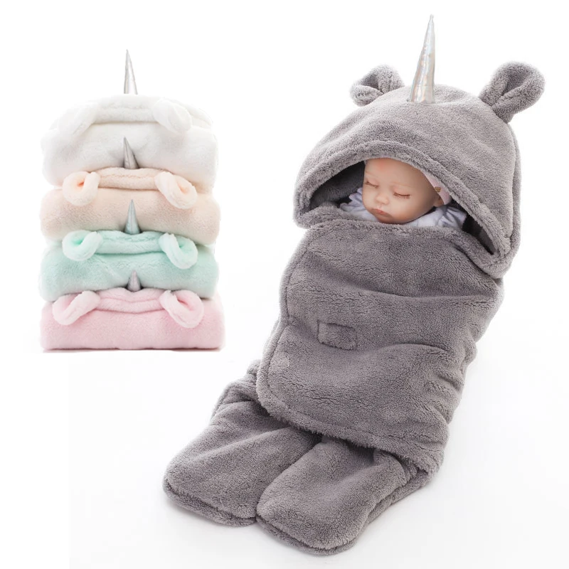 

Unicorn Baby Blankets Newborn Warm Baby Swaddle Up Winter Baby Sleeping Bag Two Layer Velvet Hooded Blanket New Born Swaddling