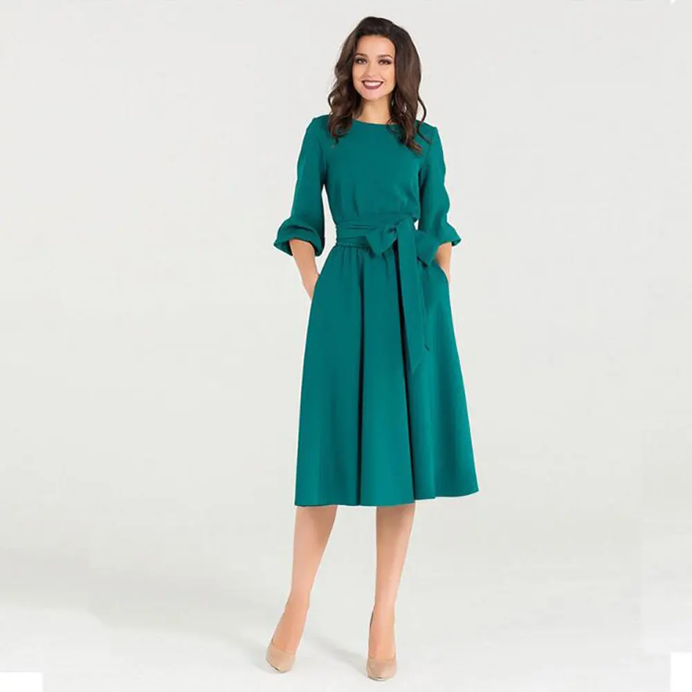 Элегантная офисная одежда средней длины, шифоновое платье зеленого, синего, винно-красного, серебряного цвета с круглым вырезом и поясом для женщин, новинка, y008