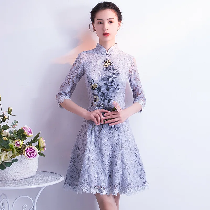 Сексуальное Мини Cheongsam Летнее традиционное китайское стильное платье женские кружевные короткие Qipao тонкие вечерние платья с пуговицами Vestido xs-xxxl