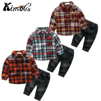 

Kimocat new High quality spring and autumn cotton long-sleeve checked gentlemen's baby boy Sets 2pcs(Shirt + jeans)