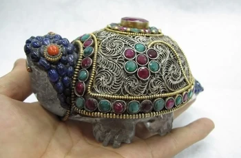 

Nepal Handwork made Silver inlay ruby beryl Gem crude crystal Feng Shui tortoise 8.02