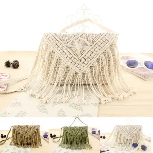 

Handmade Rope Crochet Bags Woman Woven Tassel Tote Summer Vintage Purse Ladies Simple Beach Wear Knitted Waist Bags