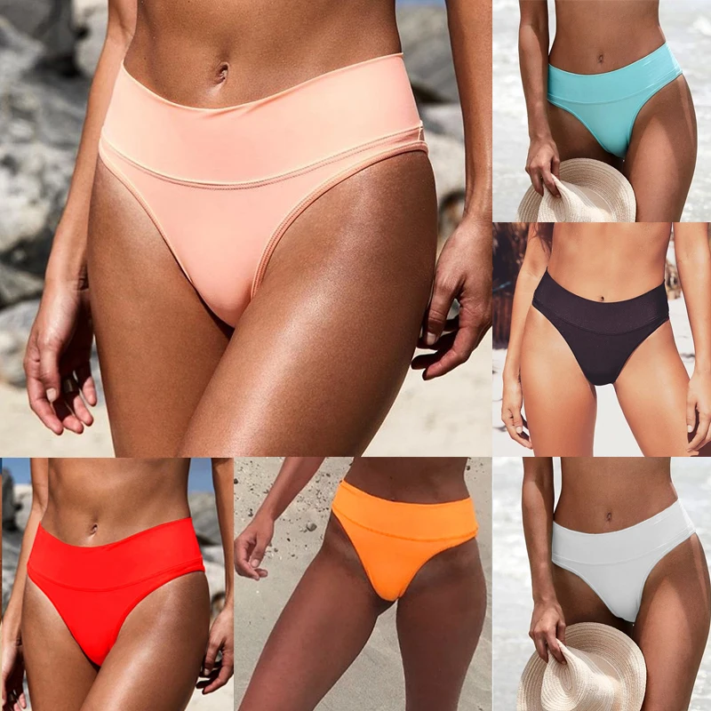 High Waist 5 Color Womens Sexy Bikini Thong Bottom Brazilian V Cheeky Ruched Swimwear Summer Holiday Soft Hot Solid 1Pcs Beach