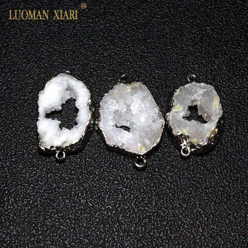 Wholesale 2 Circle Natural Unique Drusy Crystal silvery Plated Geode Stone Pendant DIY Necklace Earring For Jewelry Making