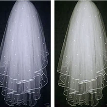 Дешевый Velos De Noiva трехслойная лента свадебная фата с жемчугом белый короткий цвет слоновой кости 3 слоя свадебная вуаль