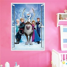 Mooie Olaf Sven & Kristoff Hans Elsa Anna Prinses 3d Venster Muurstickers Home Decoratie Bevroren Muurschilderingen Kinderen Muur decals(China)