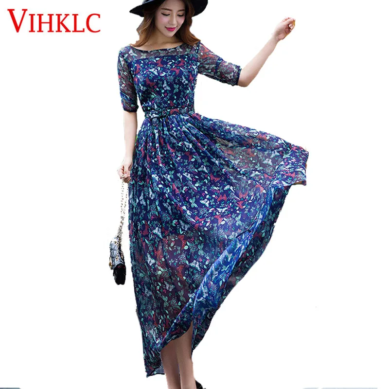 

Chiffon New Summer Dress 2017 Russian Style Round Collar Slim Short Sleeve Print Dress High Quality Fashion Women Dress FC160