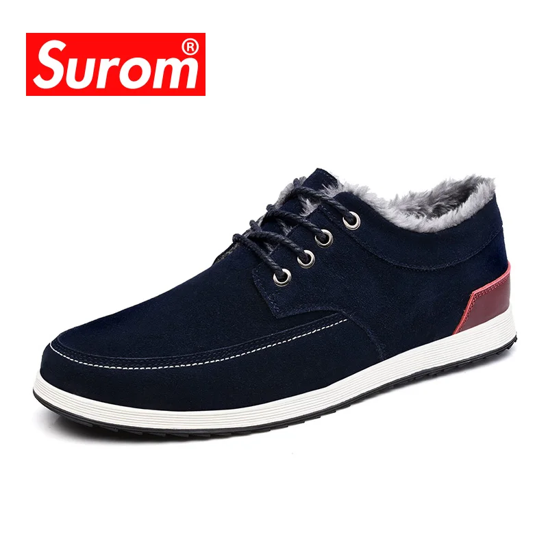 

SUROM Brand Men's Casual Shoes Suede Leather Winter Warm Krasovki Lace up Male Boat Shoes Plush Fur Flats sapato masculino
