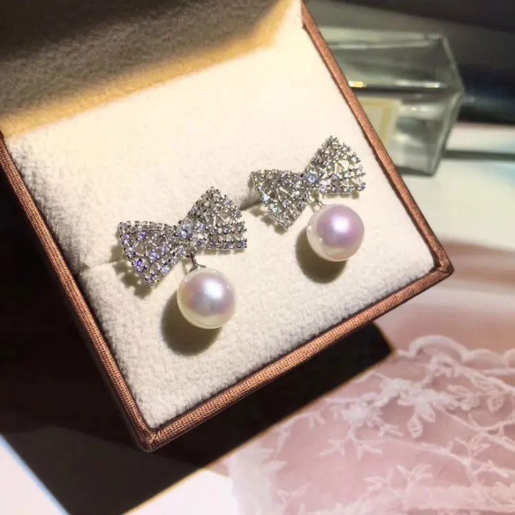 

Shinning Bowknot Pearl Earrings Settings S925 Sterling Silver Earrings Holder Women DIY Jewelry Components