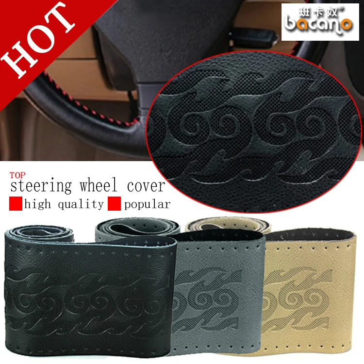 Image high quality Black Gray Beige  DIY Genuine Leather Cowhide Car Steering Wheel Cover With Needles and Thread Red Free shipping