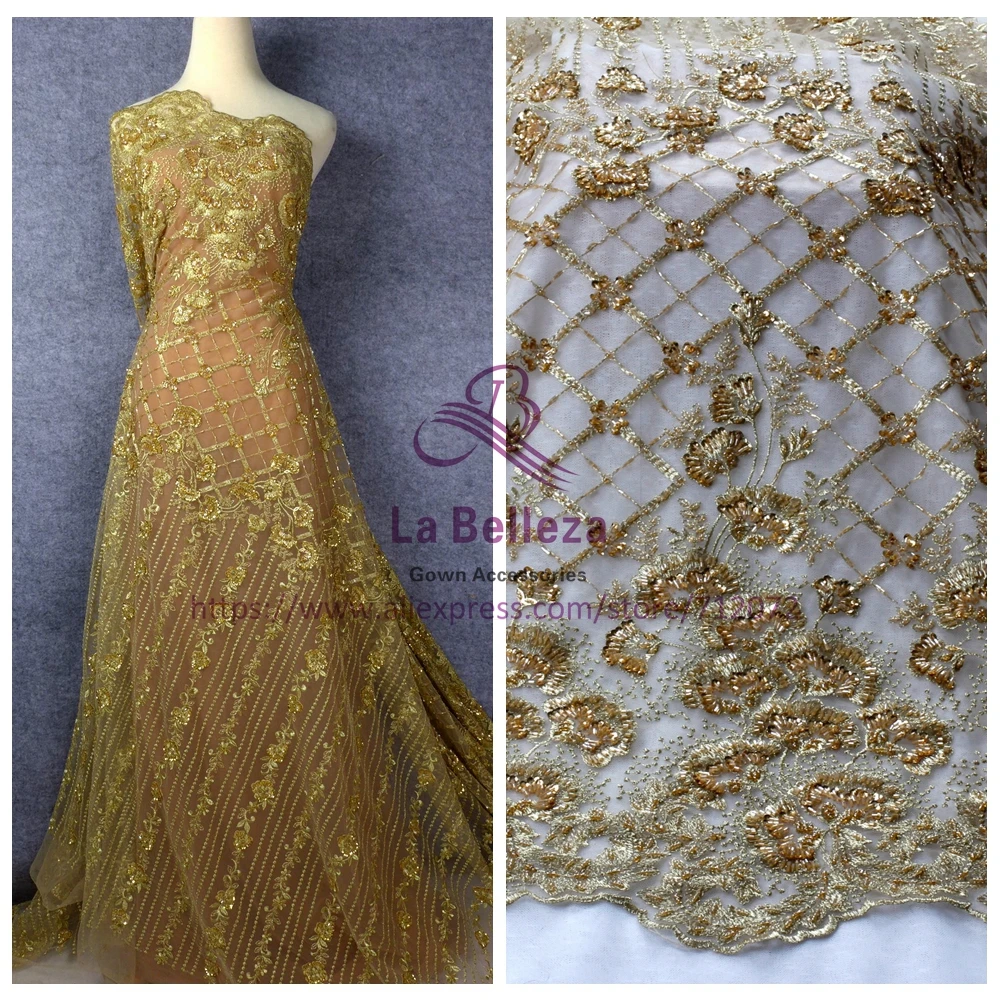 La Belleza 1 YARD Gold heavy handmade beading lace fabric 125cm width