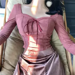 2018 Для женщин квадратный воротник ткань Викторианский розовый с длинными рукавами в стиле ретро Street блузка Узкие замшевые бантом Женский