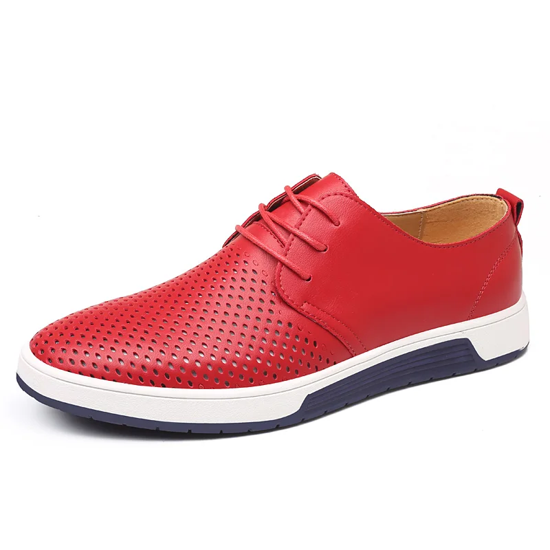 Мужская повседневная обувь; летняя кожаная прогулочная Обувь На Шнуровке; дышащая обувь на плоской подошве для мужчин; Прямая поставка - Цвет: red shoes