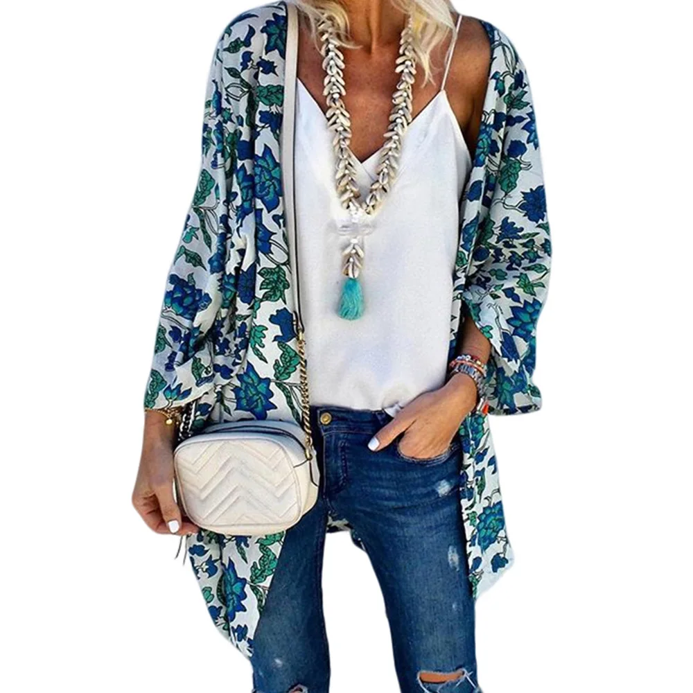 

2019 Woman Floral Print Loose Kimono Cardigan Cape Open Front in a Relaxing Fit Shape