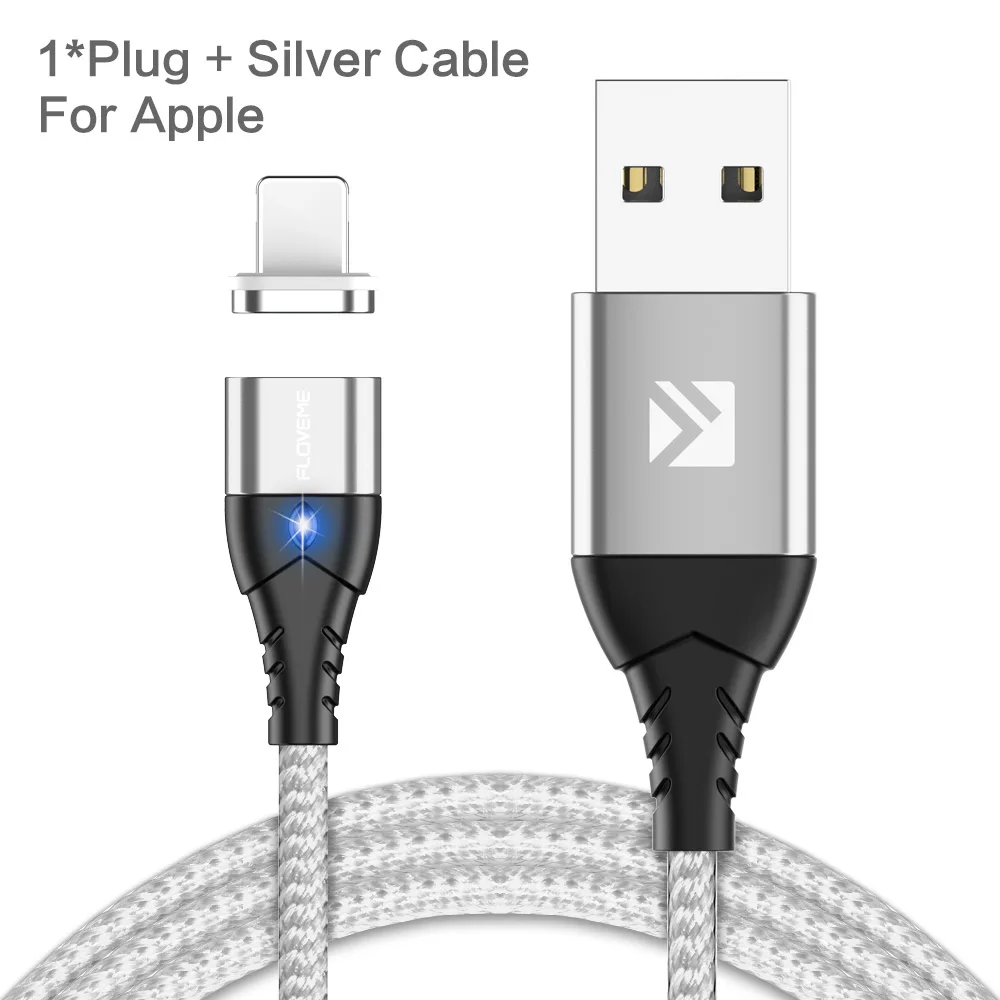 FLOVEME Магнитный кабель Micro usb type C для iPhone Lightning Кабель м 1 м 3A Быстрая зарядка USB-C type-C магнит зарядное устройство кабель для телефона магнитная зарядка магнитный usb кабель провод для зарядки шнур - Цвет: Silvery For Apple