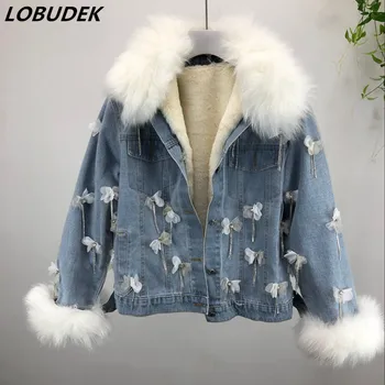 

Fashion Women Thick Warm Fleece Collar Jean Jacket Appliques Cotton-padded Denim Coat Detachable Two-piece Set Denim Outerwear