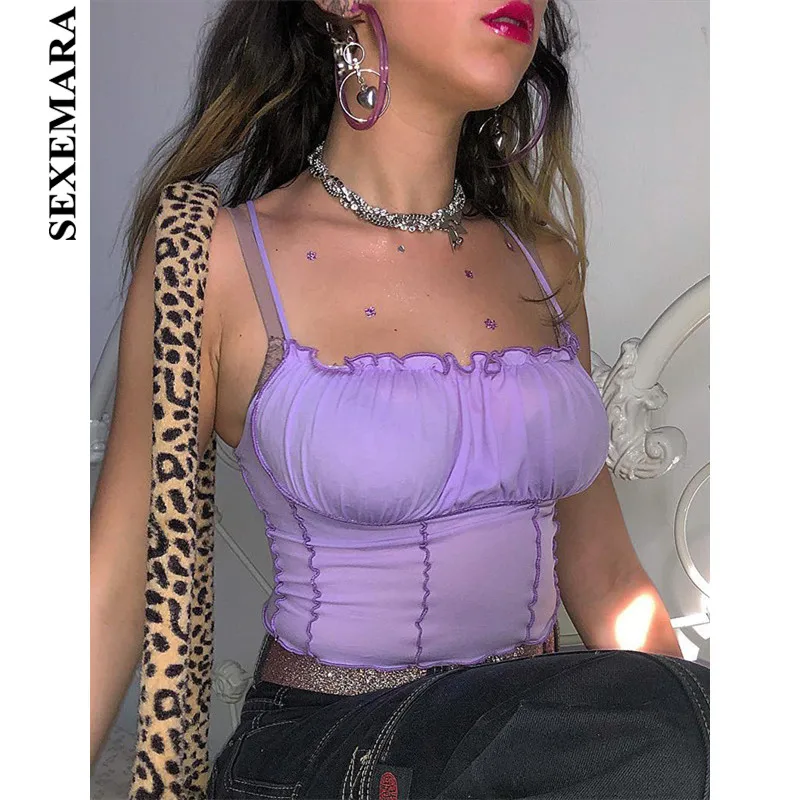 BOOFEENAA Ruffle Trim Purple Cute Sexy Crop Top Women Clubwear Cami Tank Tops Backless Spaghetti Strap Top T Shirts C66-I66