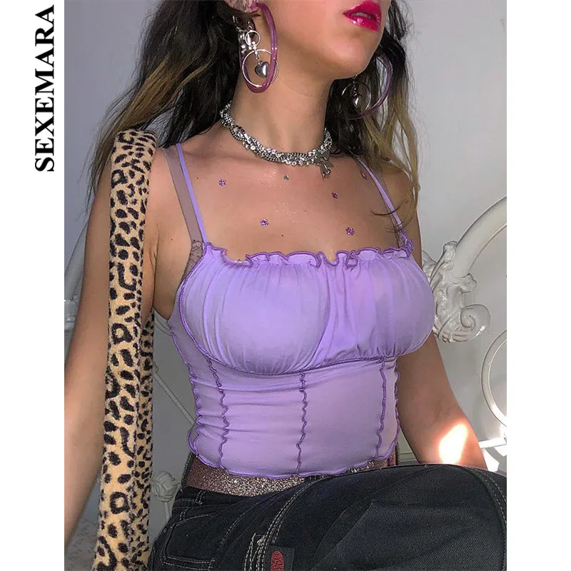 Vente BOOFEENAA garniture à volants violet mignon Sexy haut court femmes Clubwear Cami Tank hauts dos nu Spaghetti sangle Top t shirts C66 I66
